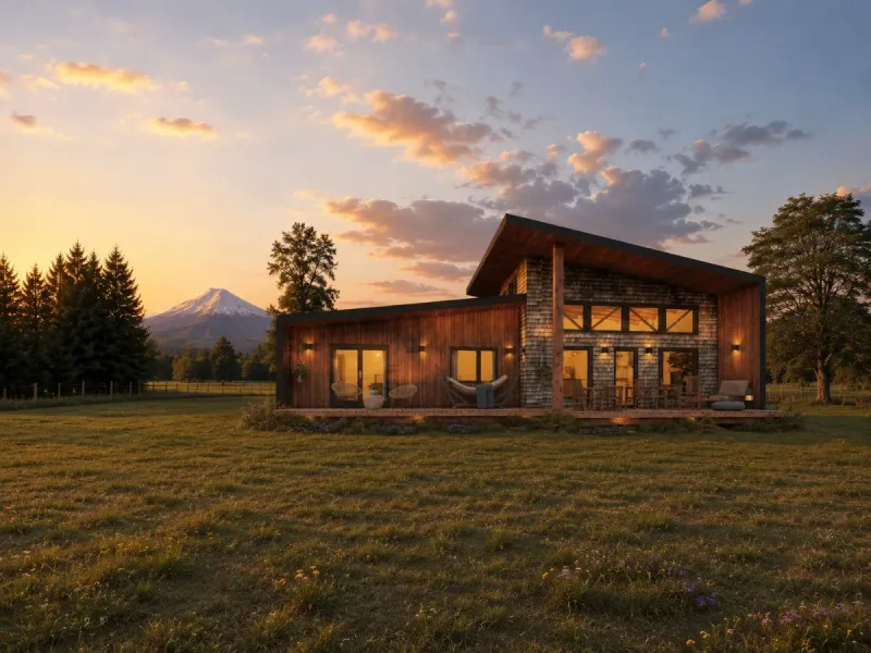 La casa al atardecer con el volcán Villarrica de fondo