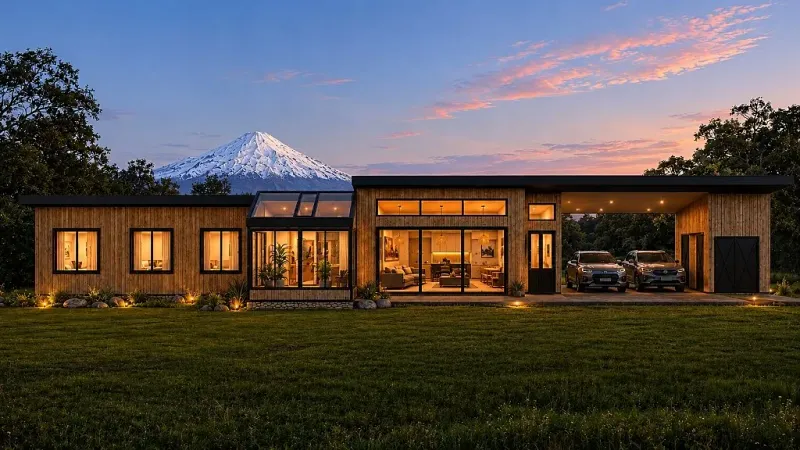 Fachada nocturna con el volcán Villarrica
