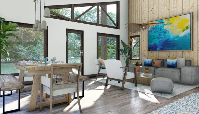 Comedor y living con ventanales hacia el jardín