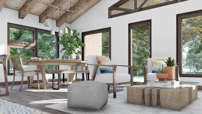 Espacio común de doble altura con cielo de madera